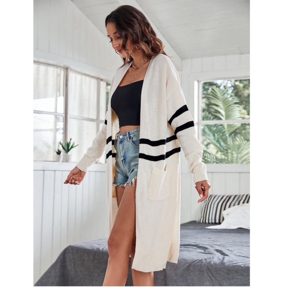 🌵Longline Cream Color Black Stripes Pocket Front Open Cardigan - Picture 5 of 7